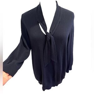 Y2K NAVY KNIT V-NECK PULLOVER SWEATER W EXTENDED TIE 3/4 SLEEVED ANN TAYLOR SZ L